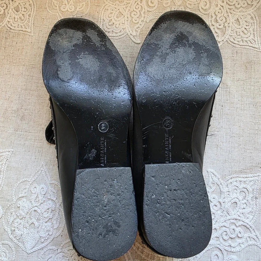 AllSaints Leather Studded Loafers 39 8.5 Black Silver Stud Slip On Shoe Portugal